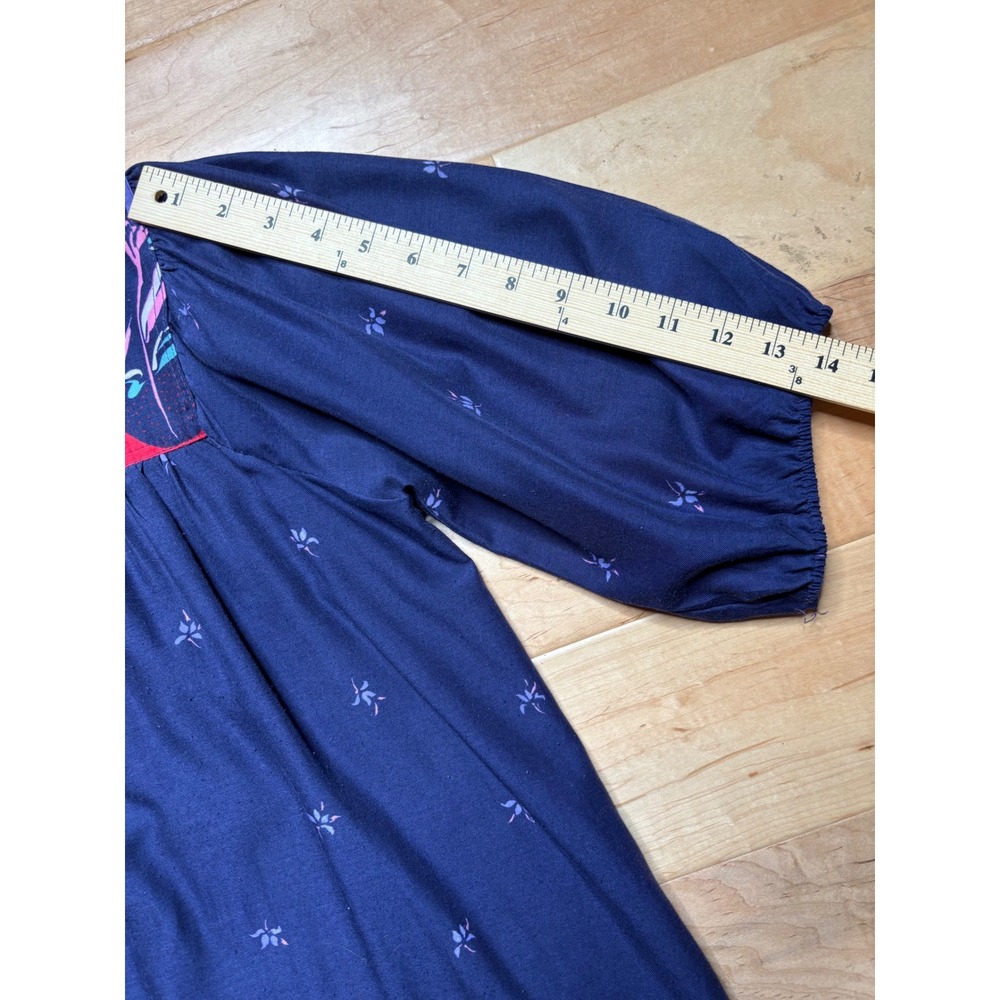 Robbie Bee Dress Womens Petite L Navy Blue Floral Border Print Puff Sleeve - Picture 12 of 13
